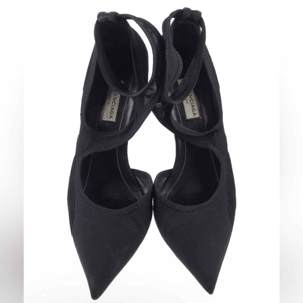 Balenciaga Suede Mesh Accents D'Orsay Pumps Black Size 7 Point Toe Heel - Picture 2 of 5